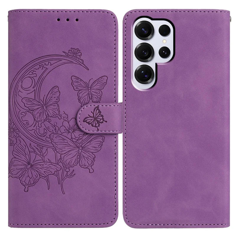 For Samsung Galaxy S25 Ultra Case Butterfly Flower Imprinted PU Leather Wallet Stand Phone Cover - Purple