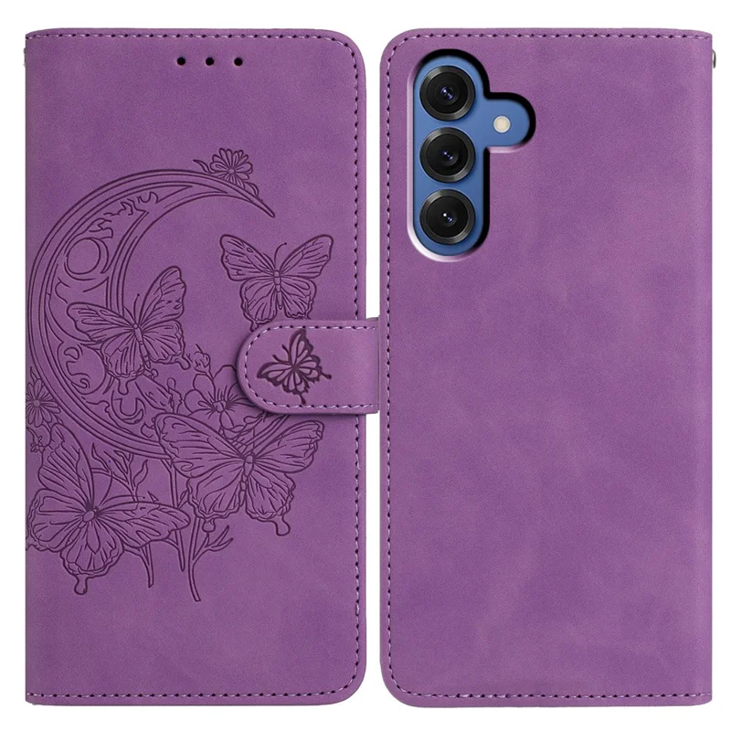 For Samsung Galaxy S25 Case Butterfly Flower Imprinted PU Leather Wallet Stand Phone Cover - Purple