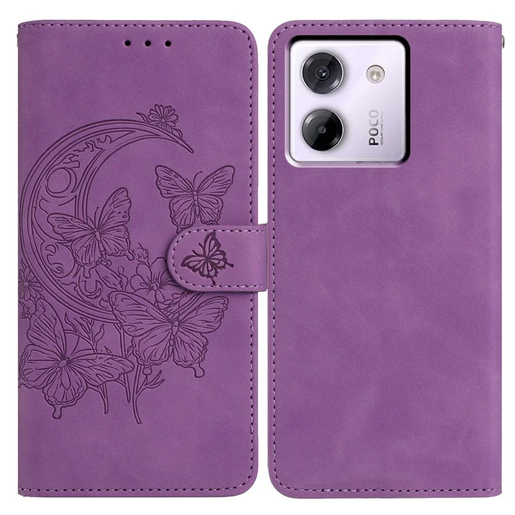 For Xiaomi Poco M7 Pro 5G Case Butterfly Flower Imprinted PU Leather Wallet Stand Phone Cover - Purple