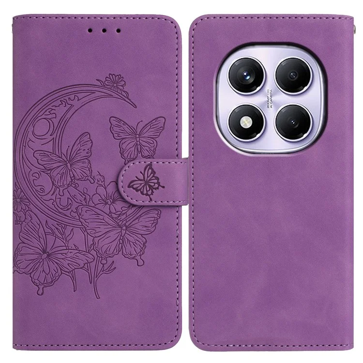 Capa para Xiaomi Redmi Note 14 Pro 5G Carteira de Couro PU com Estampa de Flor de Borboleta - Roxo