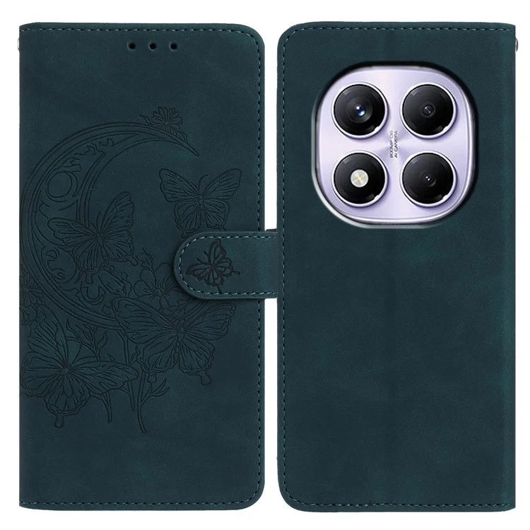 Capa para Xiaomi Redmi Note 14 Pro 5G com Borboleta e Flor Impressa em Couro PU com Suporte para Carteira - Verde