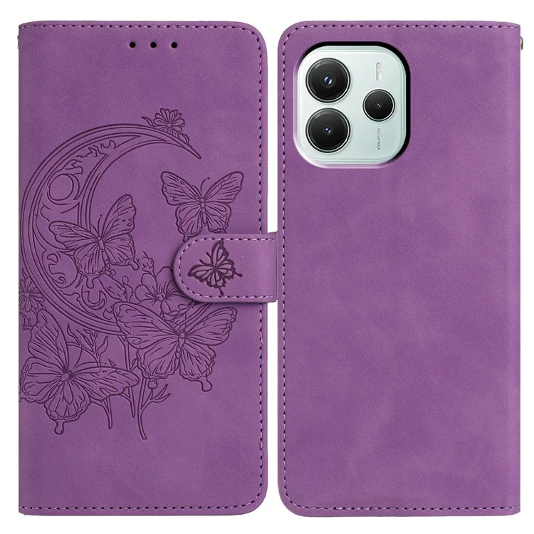 Funda tipo cartera de cuero PU con mariposas y flores estampadas para Xiaomi Redmi Note 14 5G - Morado
