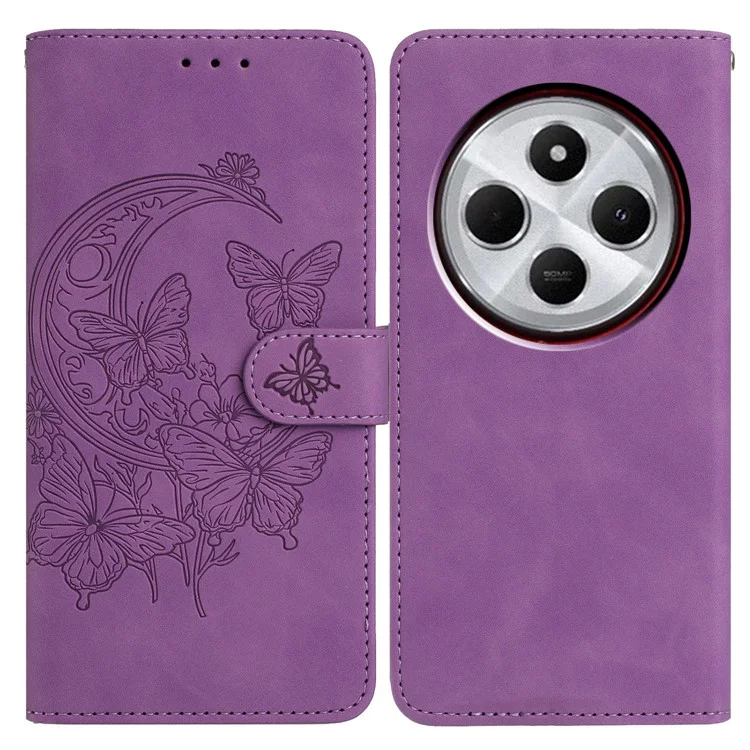 Étui en cuir PU pour Xiaomi Redmi 14C 4G / Redmi A3 Pro 4G / Poco C75 4G avec motif Papillon et Fleur, Pochette Portefeuille Support - Violet