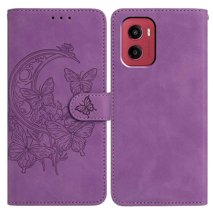 For Motorola Moto G05 4G  /  E15 4G Case Butterfly Flower Imprinted PU Leather Wallet Stand Phone Cover - Purple