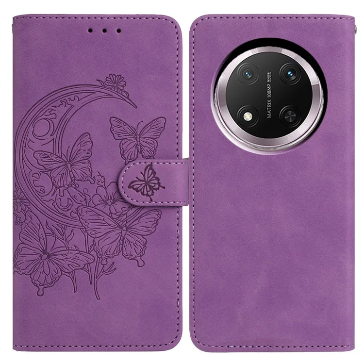 Étui en cuir PU pour Honor Magic7 Lite 5G / X9c 5G / X60 Pro 5G avec motif Papillon et Fleur - Support Portefeuille - Violet