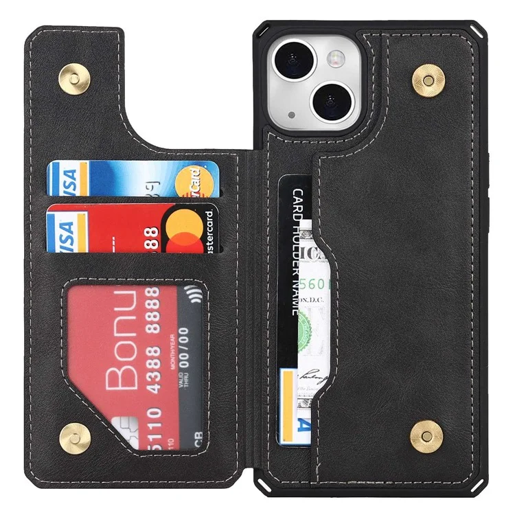 Para Iphone 14 Plus Función de Kickstand Botón Snap Botón Teléfono Capacidad Anti-scratch PU Leather+TPU Case de Teléfono Con Ranura Para Tarjetas y Correa - Negro