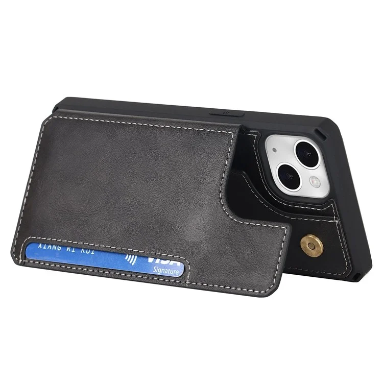 Para Iphone 14 Plus Función de Kickstand Botón Snap Botón Teléfono Capacidad Anti-scratch PU Leather+TPU Case de Teléfono Con Ranura Para Tarjetas y Correa - Negro