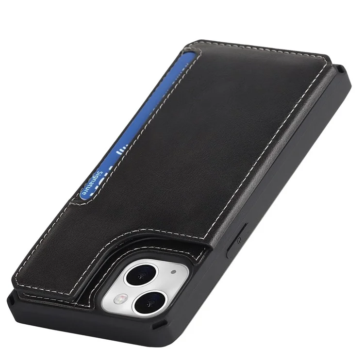 Para Iphone 14 Plus Función de Kickstand Botón Snap Botón Teléfono Capacidad Anti-scratch PU Leather+TPU Case de Teléfono Con Ranura Para Tarjetas y Correa - Negro