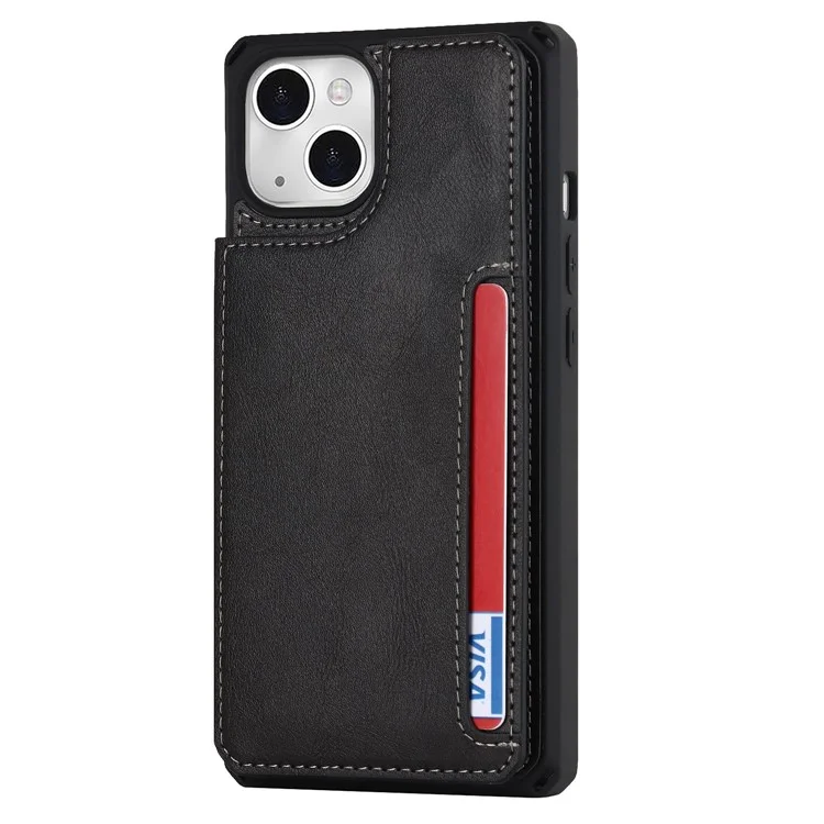 Para Iphone 14 Plus Función de Kickstand Botón Snap Botón Teléfono Capacidad Anti-scratch PU Leather+TPU Case de Teléfono Con Ranura Para Tarjetas y Correa - Negro