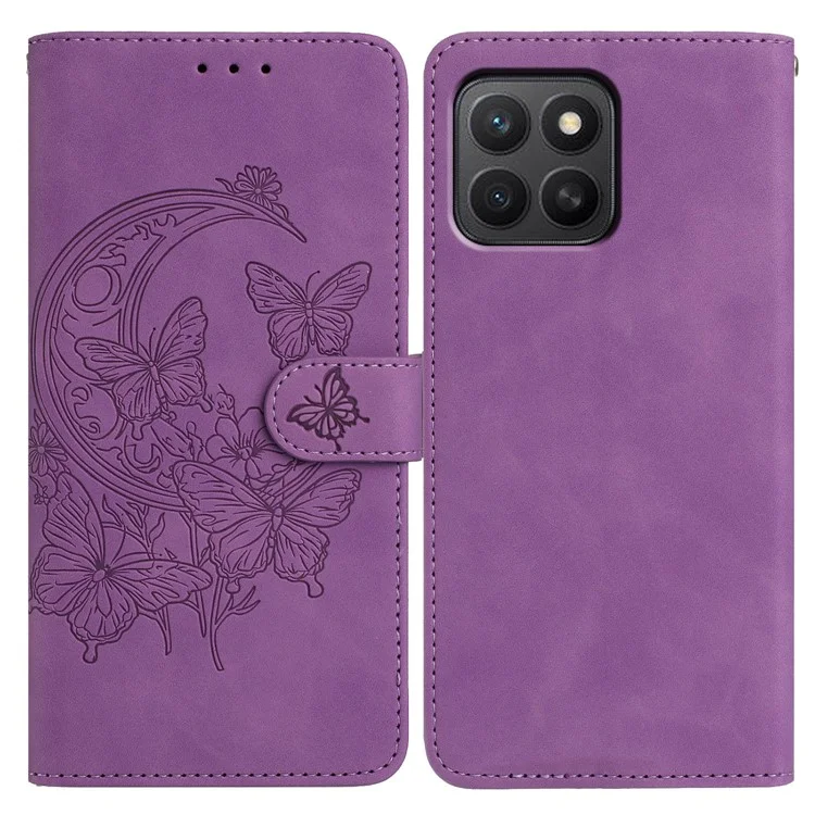 Cover per Honor X8c 4G / X8b 4G con Farfalle e Fiori Stampati in Pelle PU con Supporto - Viola