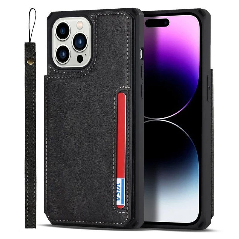 For iPhone 14 Pro Max Multiple Card Slots Kickstand Design Anti-scratch PU Leather+TPU Phone Case Magnetic Snap Button Phone Cover Shell - Black