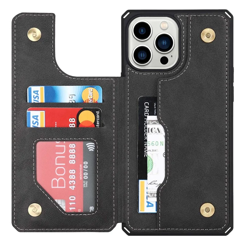 For iPhone 14 Pro Max Multiple Card Slots Kickstand Design Anti-scratch PU Leather+TPU Phone Case Magnetic Snap Button Phone Cover Shell - Black