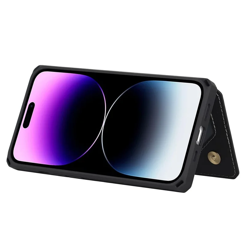 For iPhone 14 Pro Max Multiple Card Slots Kickstand Design Anti-scratch PU Leather+TPU Phone Case Magnetic Snap Button Phone Cover Shell - Black