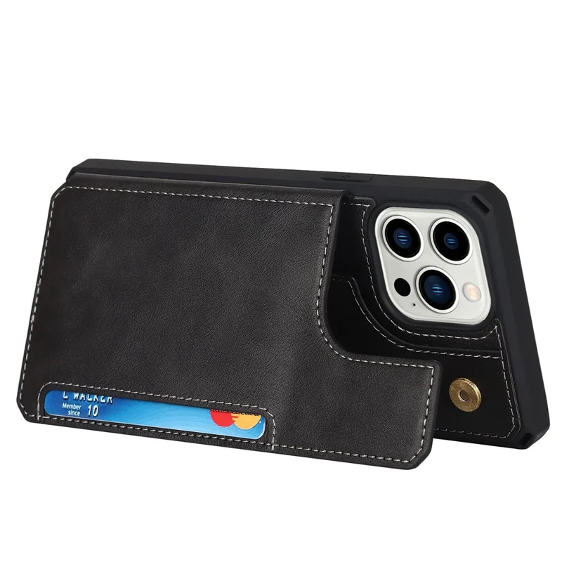 For iPhone 14 Pro Max Multiple Card Slots Kickstand Design Anti-scratch PU Leather+TPU Phone Case Magnetic Snap Button Phone Cover Shell - Black