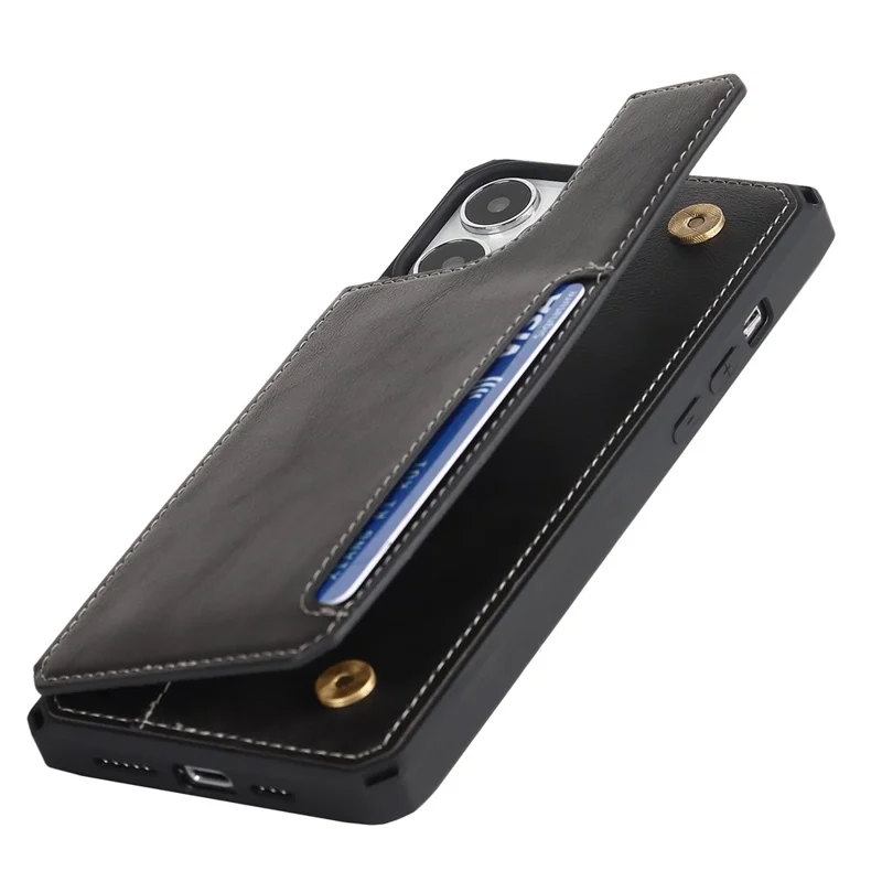 For iPhone 14 Pro Max Multiple Card Slots Kickstand Design Anti-scratch PU Leather+TPU Phone Case Magnetic Snap Button Phone Cover Shell - Black