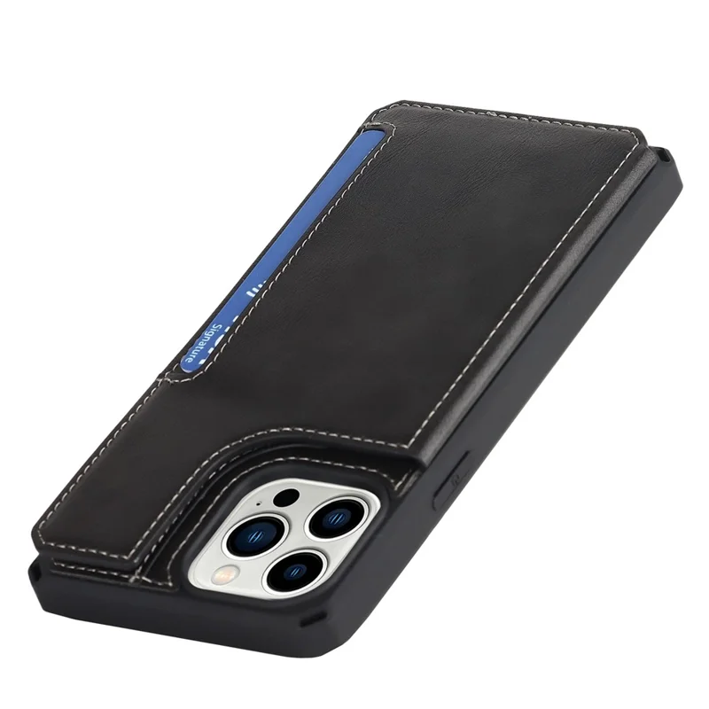 For iPhone 14 Pro Max Multiple Card Slots Kickstand Design Anti-scratch PU Leather+TPU Phone Case Magnetic Snap Button Phone Cover Shell - Black