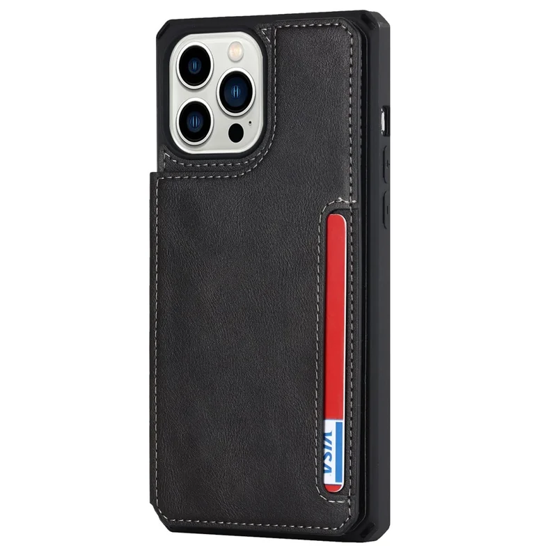 For iPhone 14 Pro Max Multiple Card Slots Kickstand Design Anti-scratch PU Leather+TPU Phone Case Magnetic Snap Button Phone Cover Shell - Black