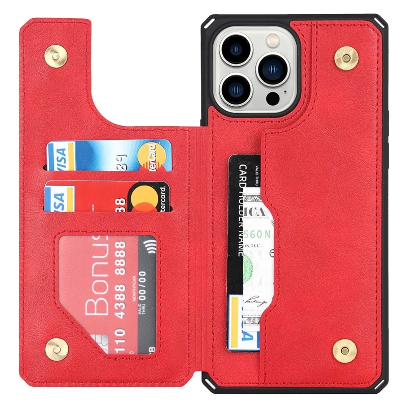 For iPhone 14 Pro Max Multiple Card Slots Kickstand Design Anti-scratch PU Leather+TPU Phone Case Magnetic Snap Button Phone Cover Shell - Red