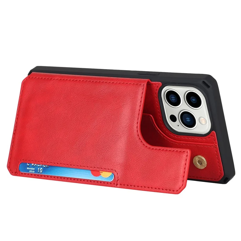 For iPhone 14 Pro Max Multiple Card Slots Kickstand Design Anti-scratch PU Leather+TPU Phone Case Magnetic Snap Button Phone Cover Shell - Red