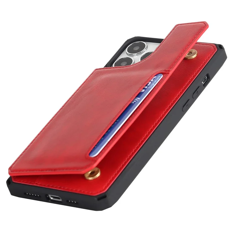 For iPhone 14 Pro Max Multiple Card Slots Kickstand Design Anti-scratch PU Leather+TPU Phone Case Magnetic Snap Button Phone Cover Shell - Red