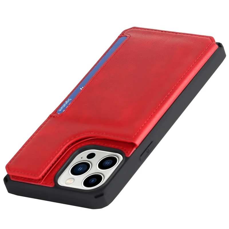 For iPhone 14 Pro Max Multiple Card Slots Kickstand Design Anti-scratch PU Leather+TPU Phone Case Magnetic Snap Button Phone Cover Shell - Red