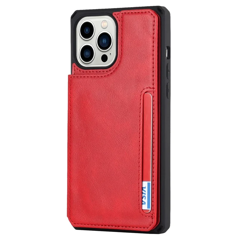For iPhone 14 Pro Max Multiple Card Slots Kickstand Design Anti-scratch PU Leather+TPU Phone Case Magnetic Snap Button Phone Cover Shell - Red
