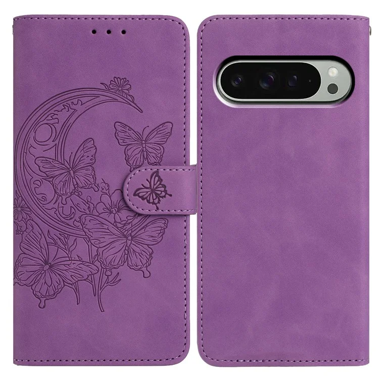 Funda tipo cartera para Google Pixel 9 Pro XL con diseño de Mariposa y Flor en Cuero PU con Soporte - Color Morado