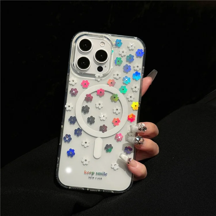 For iPhone 15 Pro Max Case Compatible with MagSafe Laser Flower PC+TPU Clear Phone Cover - Cream Flowers