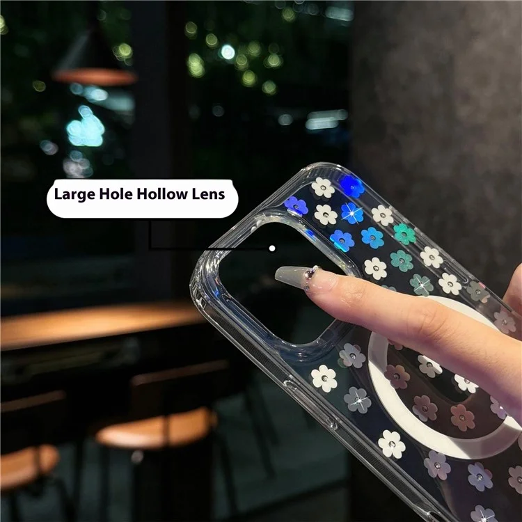 For iPhone 15 Pro Max Case Compatible with MagSafe Laser Flower PC+TPU Clear Phone Cover - Cream Flowers