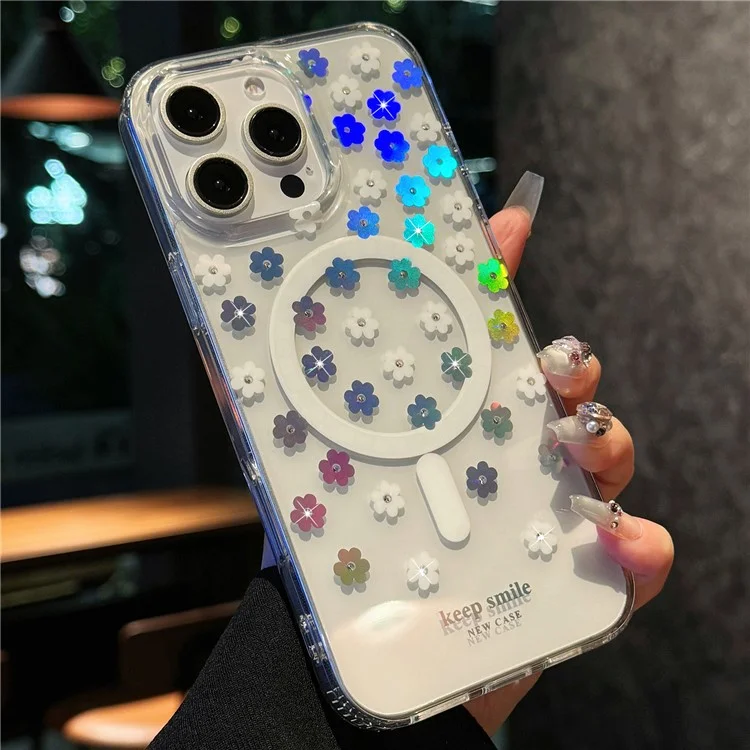Funda para iPhone 15 Pro Compatible con MagSafe Diseño Láser de Flores PC+TPU Transparente - Flores en Crema