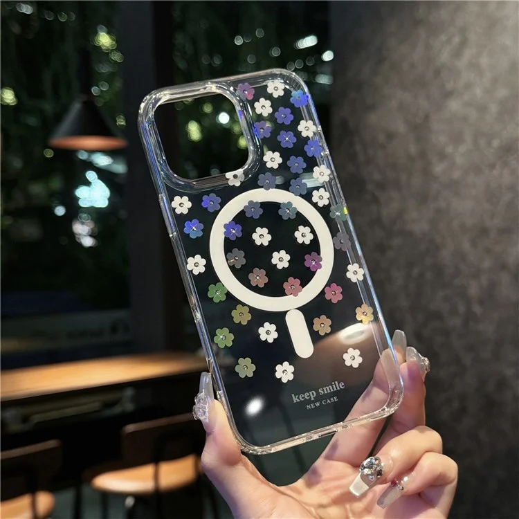 Funda para iPhone 15 Pro Compatible con MagSafe Diseño Láser de Flores PC+TPU Transparente - Flores en Crema