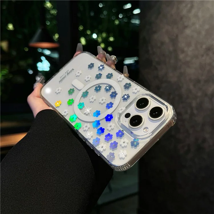 Funda para iPhone 15 Pro Compatible con MagSafe Diseño Láser de Flores PC+TPU Transparente - Flores en Crema