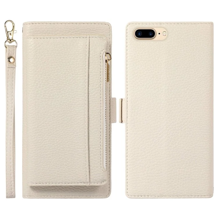 Para Iphone 6 Plus / 6s Más / 7 Más / 8 Más de 5.5 Pulgadas de Billetera Magnética de la Cremallera de la Cremallera Litchi Textura PU Cuero Folio Cubierta Del Teléfono Con Correa - Blanco