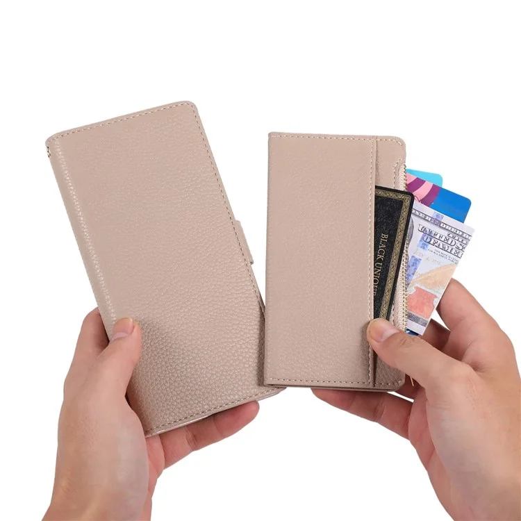 Para Iphone 6 Plus / 6s Más / 7 Más / 8 Más de 5.5 Pulgadas de Billetera Magnética de la Cremallera de la Cremallera Litchi Textura PU Cuero Folio Cubierta Del Teléfono Con Correa - Blanco