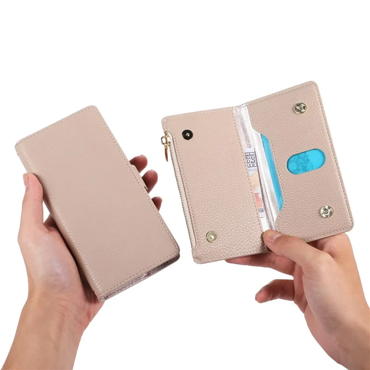 Para Iphone 6 Plus / 6s Más / 7 Más / 8 Más de 5.5 Pulgadas de Billetera Magnética de la Cremallera de la Cremallera Litchi Textura PU Cuero Folio Cubierta Del Teléfono Con Correa - Blanco