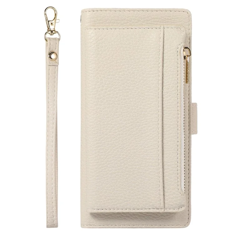 Para Iphone 6 Plus / 6s Más / 7 Más / 8 Más de 5.5 Pulgadas de Billetera Magnética de la Cremallera de la Cremallera Litchi Textura PU Cuero Folio Cubierta Del Teléfono Con Correa - Blanco