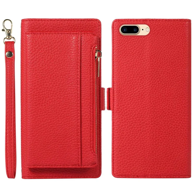 Para Iphone 6 Plus / 6s Más / 7 Más / 8 Más de 5.5 Pulgadas de Billetera Magnética de la Cremallera de la Cremallera Litchi Textura PU Cuero Folio Cubierta Del Teléfono Con Correa - Rojo
