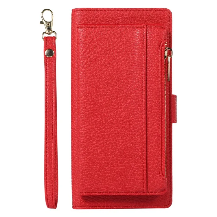 Para Iphone 6 Plus / 6s Más / 7 Más / 8 Más de 5.5 Pulgadas de Billetera Magnética de la Cremallera de la Cremallera Litchi Textura PU Cuero Folio Cubierta Del Teléfono Con Correa - Rojo