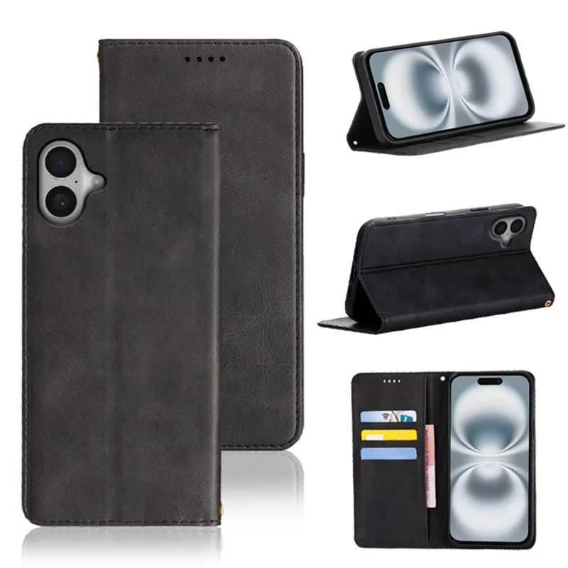 For iPhone 16 Plus Case Wallet Calf Texture Leather Phone Cover with Hidden Magnetic Closure - Black