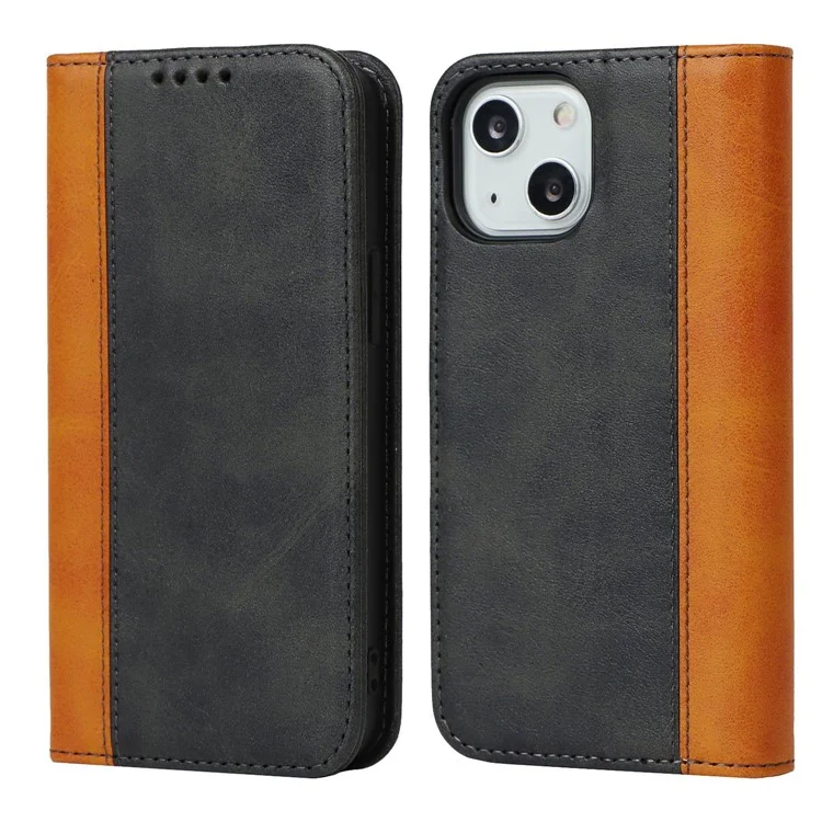 Para iPhone 14 Bi-color Splicing Magnetic Auto-absorbed Calf Texture PU Leather Phone Case Drop-proof Wallet Stand Cover - Preto / Amarelo