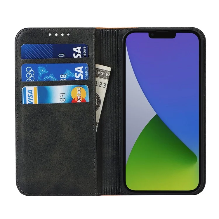 Para iPhone 14 Bi-color Splicing Magnetic Auto-absorbed Calf Texture PU Leather Phone Case Drop-proof Wallet Stand Cover - Preto / Amarelo