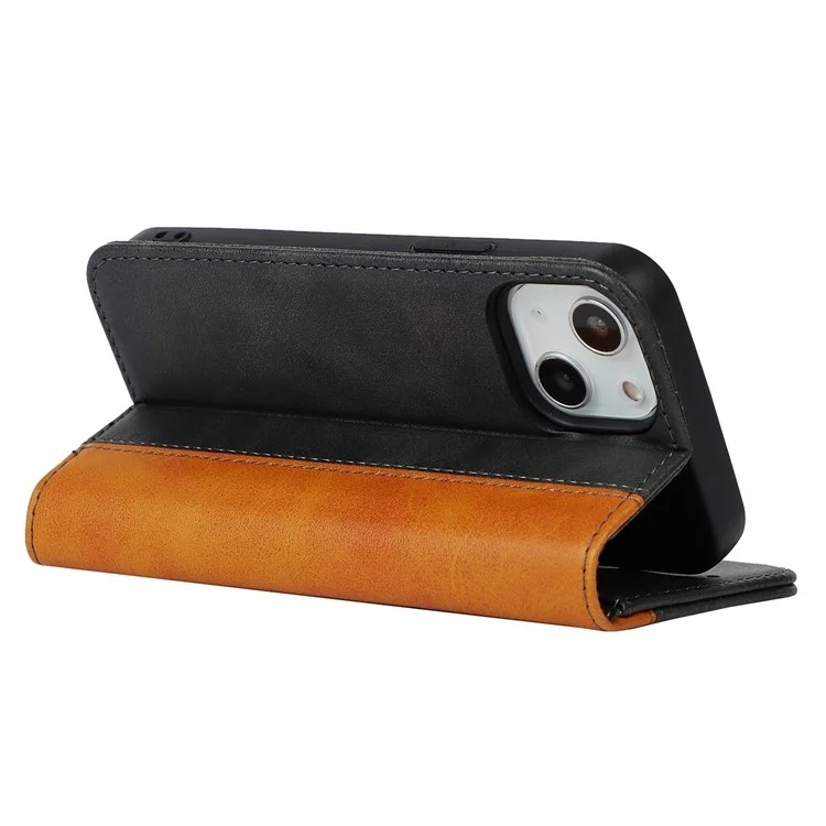 Para iPhone 14 Bi-color Splicing Magnetic Auto-absorbed Calf Texture PU Leather Phone Case Drop-proof Wallet Stand Cover - Preto / Amarelo