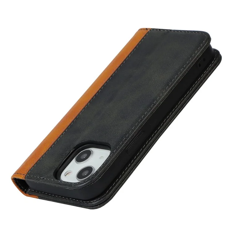 Para iPhone 14 Bi-color Splicing Magnetic Auto-absorbed Calf Texture PU Leather Phone Case Drop-proof Wallet Stand Cover - Preto / Amarelo