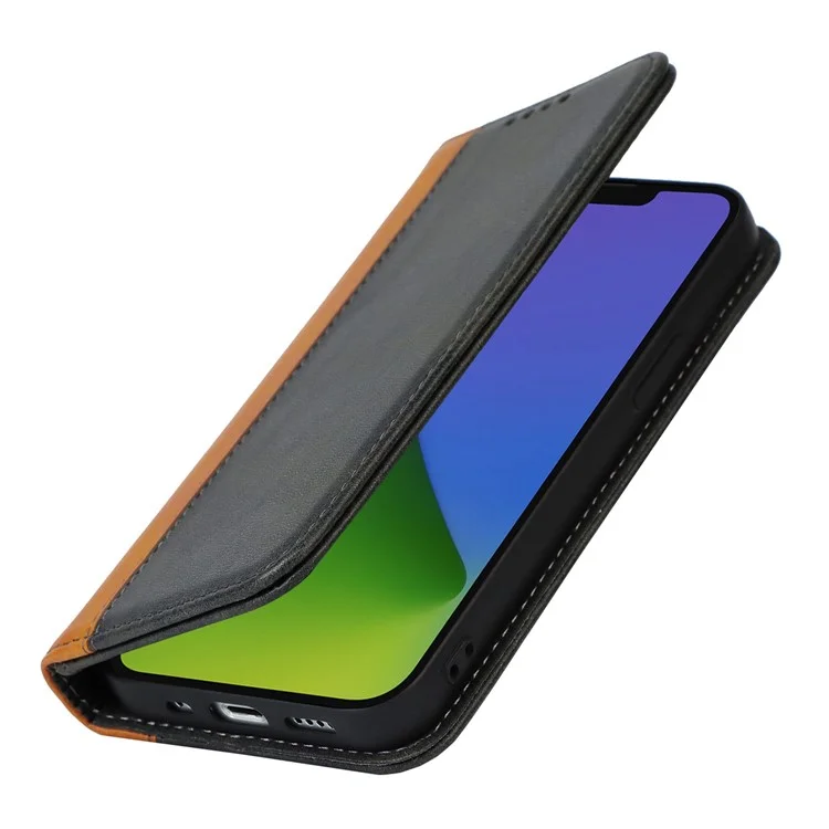 Para iPhone 14 Bi-color Splicing Magnetic Auto-absorbed Calf Texture PU Leather Phone Case Drop-proof Wallet Stand Cover - Preto / Amarelo