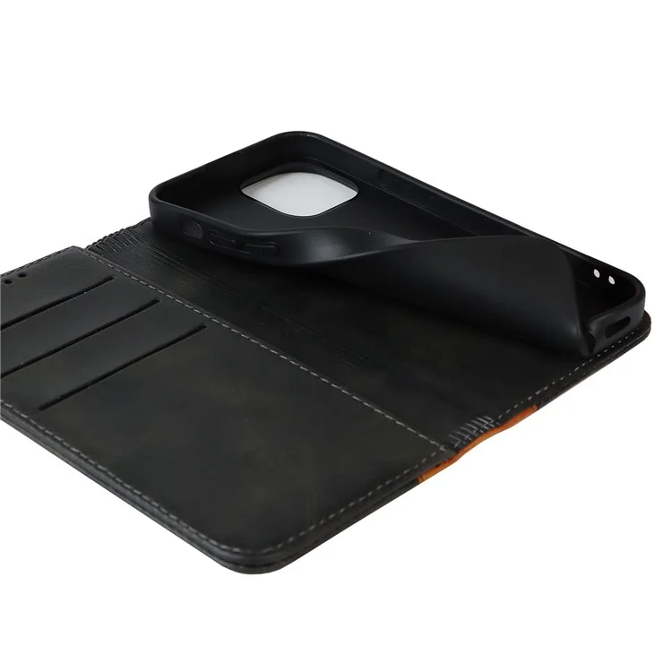 Para iPhone 14 Bi-color Splicing Magnetic Auto-absorbed Calf Texture PU Leather Phone Case Drop-proof Wallet Stand Cover - Preto / Amarelo