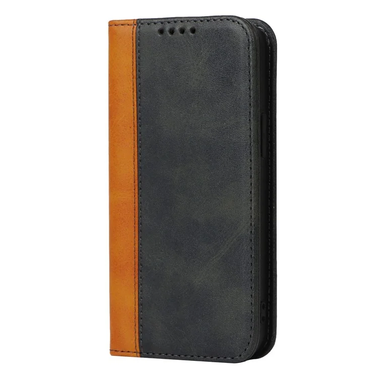 Para iPhone 14 Bi-color Splicing Magnetic Auto-absorbed Calf Texture PU Leather Phone Case Drop-proof Wallet Stand Cover - Preto / Amarelo