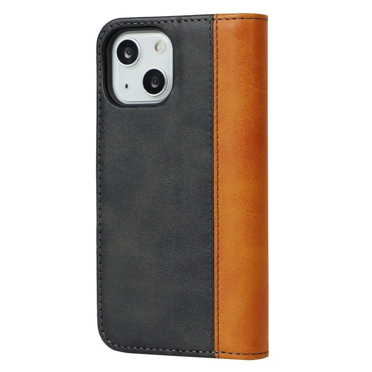Para iPhone 14 Bi-color Splicing Magnetic Auto-absorbed Calf Texture PU Leather Phone Case Drop-proof Wallet Stand Cover - Preto / Amarelo
