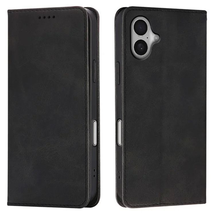 For iPhone 16 Case Wallet Calf Texture Leather Phone Cover with Hidden Magnetic Closure - Black
