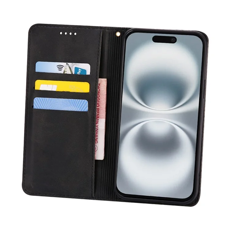 For iPhone 16 Case Wallet Calf Texture Leather Phone Cover with Hidden Magnetic Closure - Black