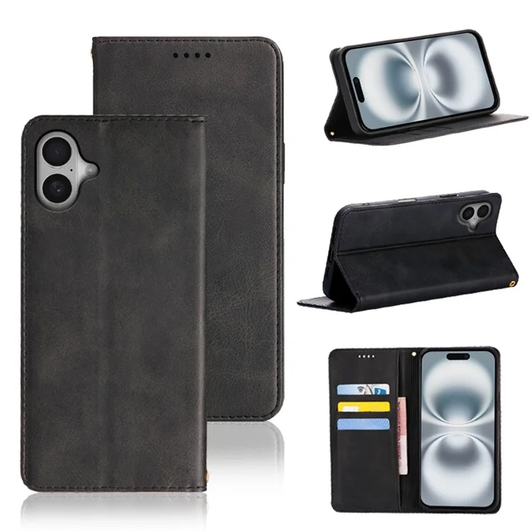 For iPhone 16 Case Wallet Calf Texture Leather Phone Cover with Hidden Magnetic Closure - Black